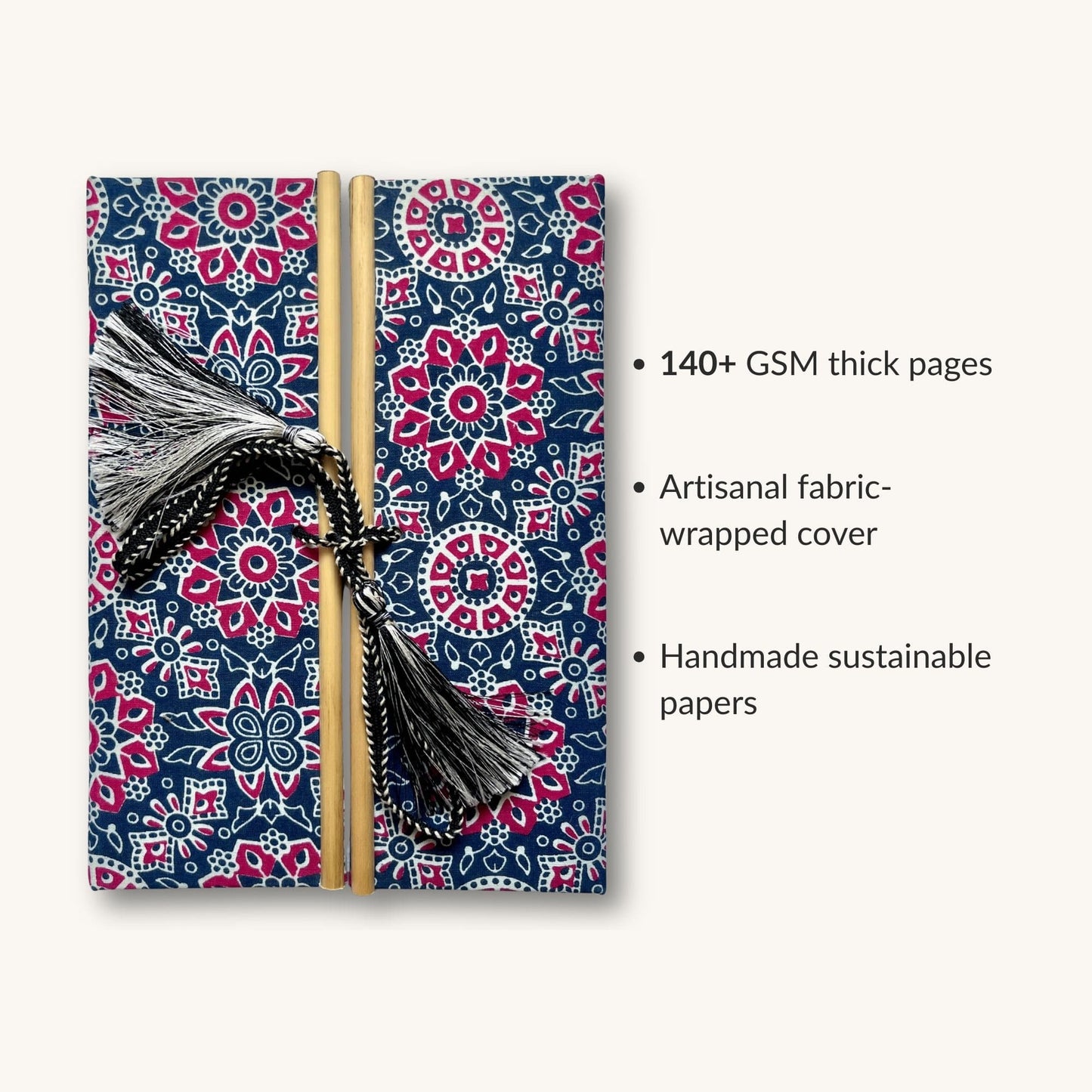 Mandala Floral Blue Pink Diary showing fabric cover and handmade paper details