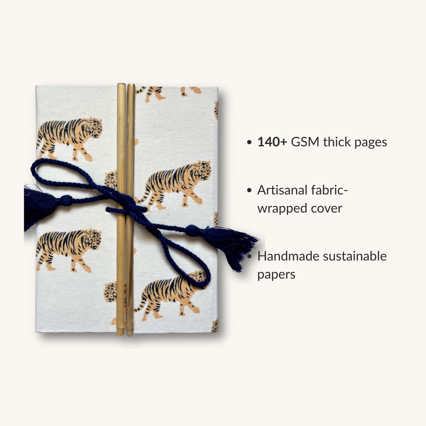Tiger Print Yellow Diary showing fabric cover and handmade paper details