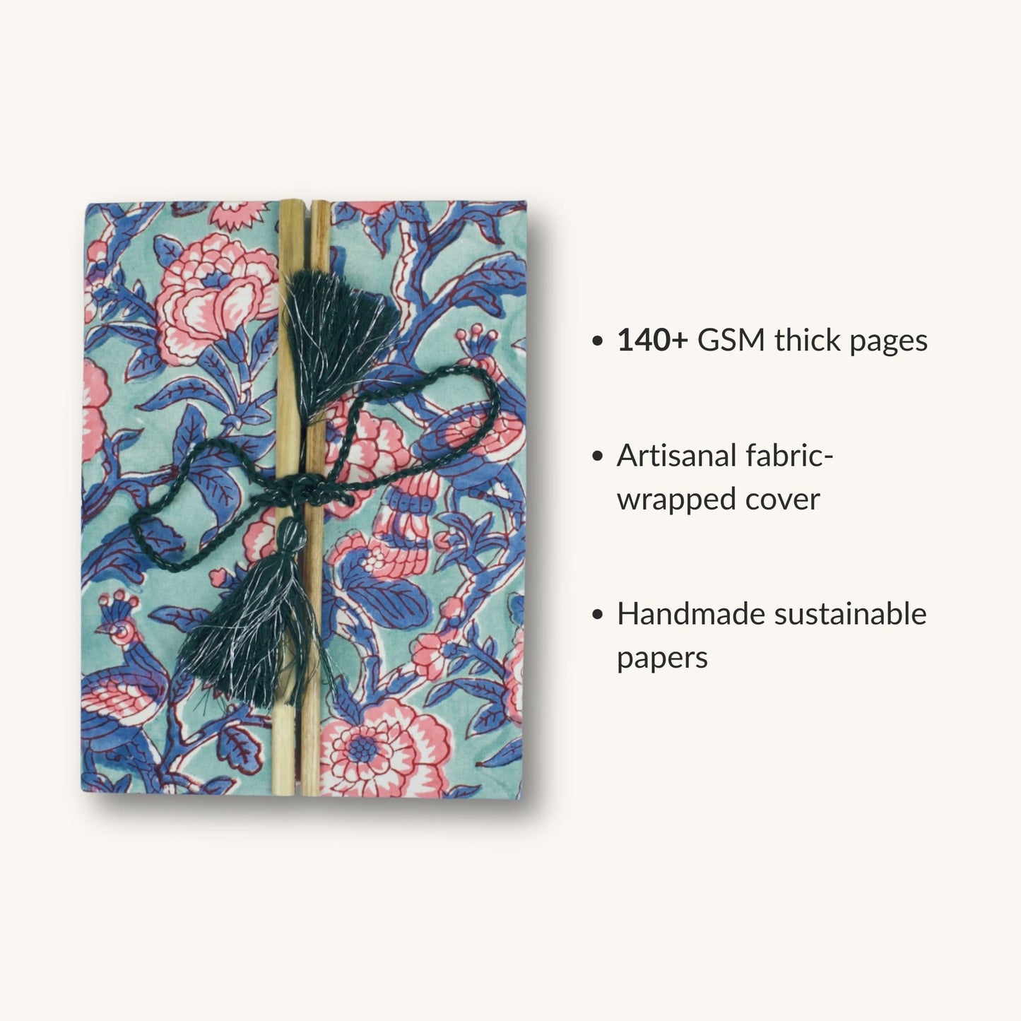 Mandala Floral Blue Diary showing fabric cover and handmade paper details