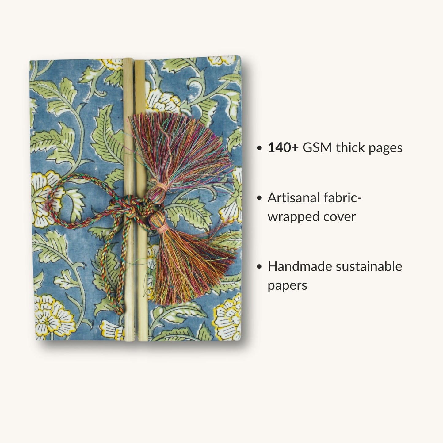 Mughal Floral Blue Diary showing fabric cover and handmade paper details