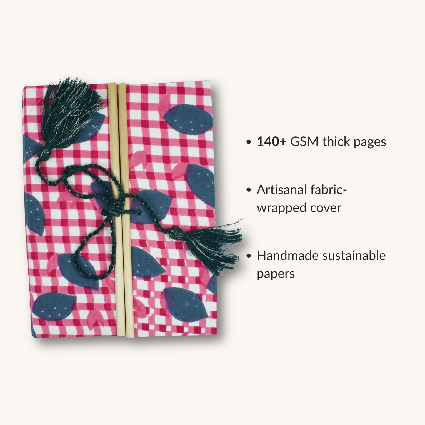 Gingham Check Pink Diary showing fabric cover and handmade paper details