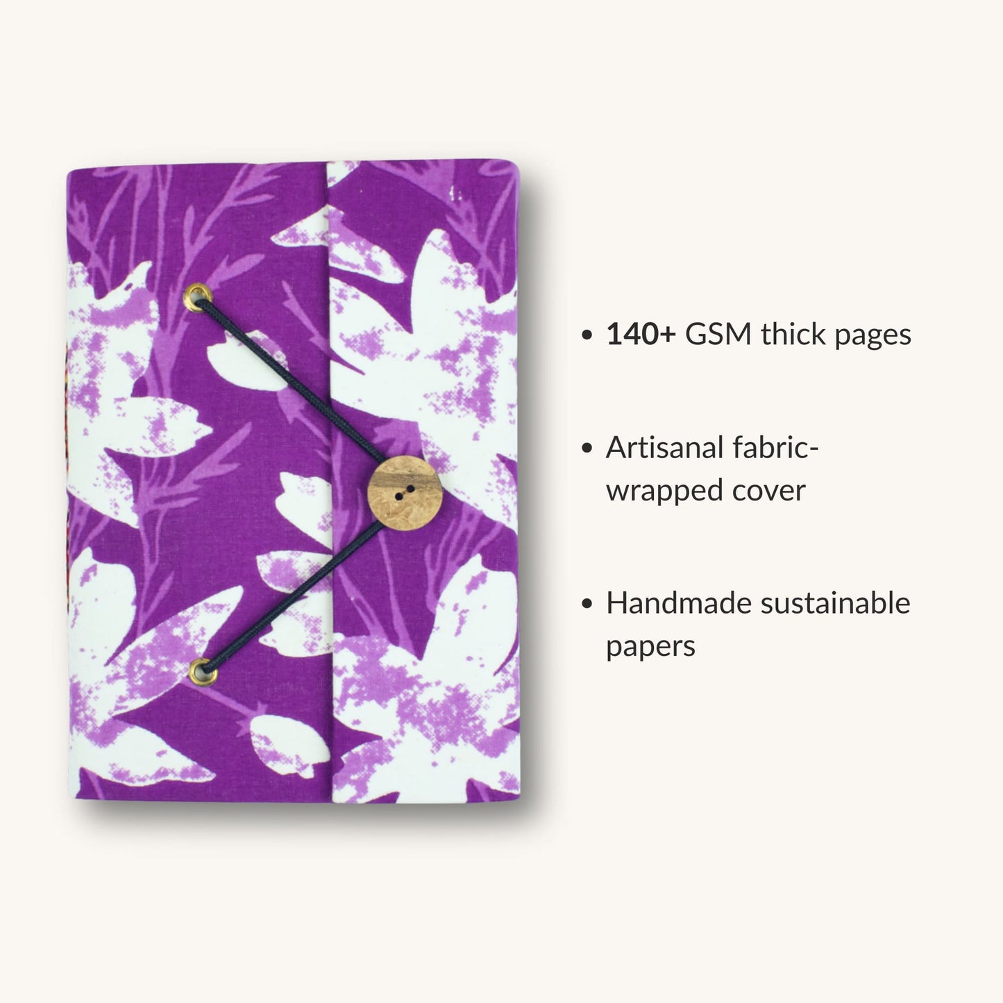 Abstract Purple Diary showing fabric cover and handmade paper details