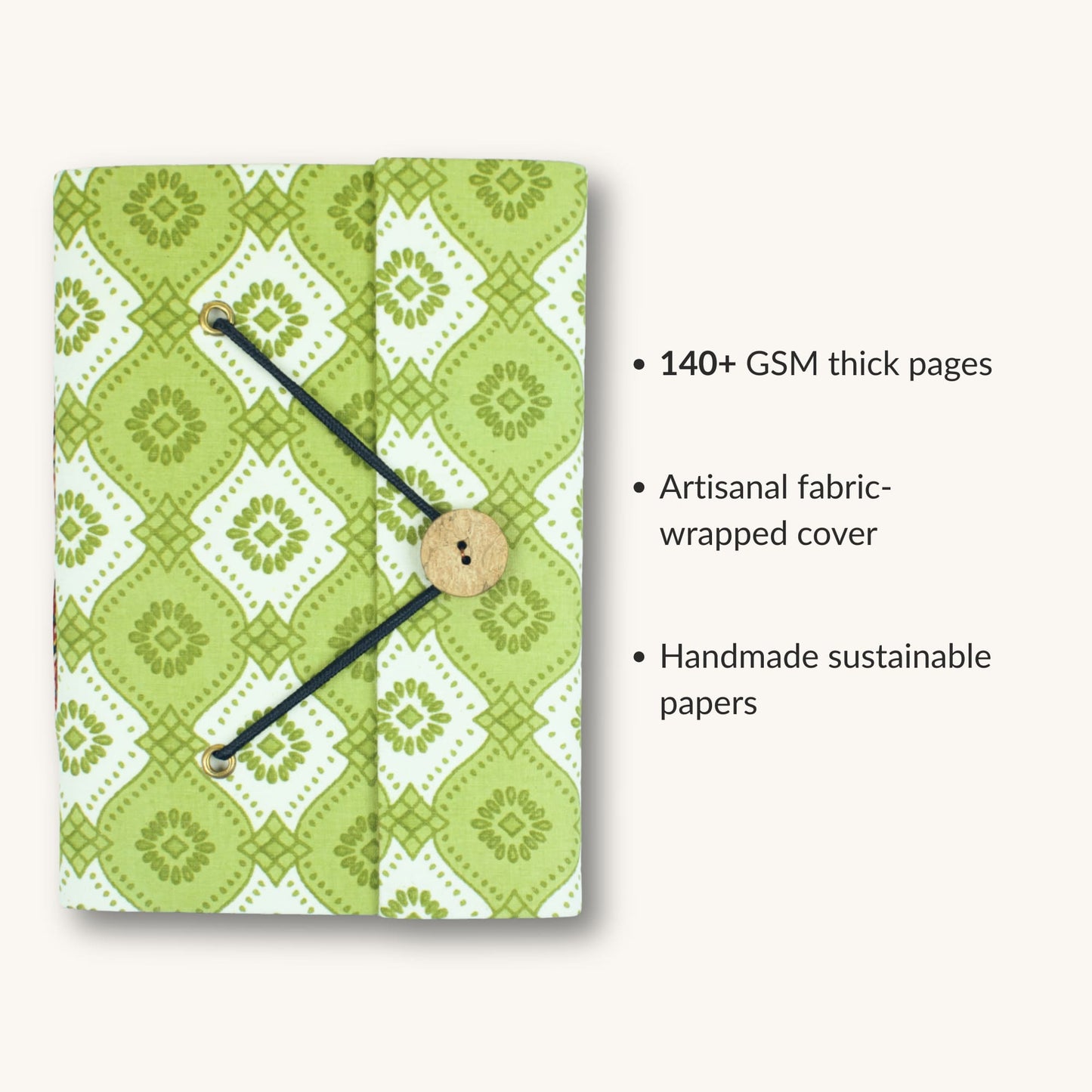 Geometric Green Diary showing fabric cover and handmade paper details