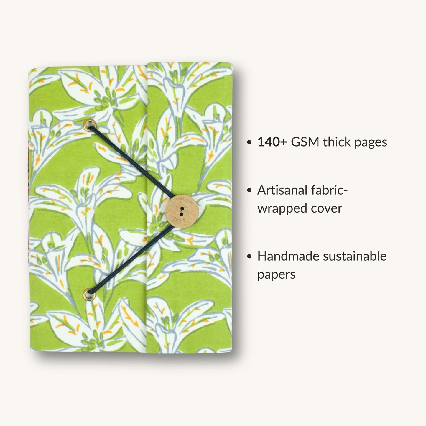 Tropical Leaf Green Diary showing fabric cover and handmade paper details
