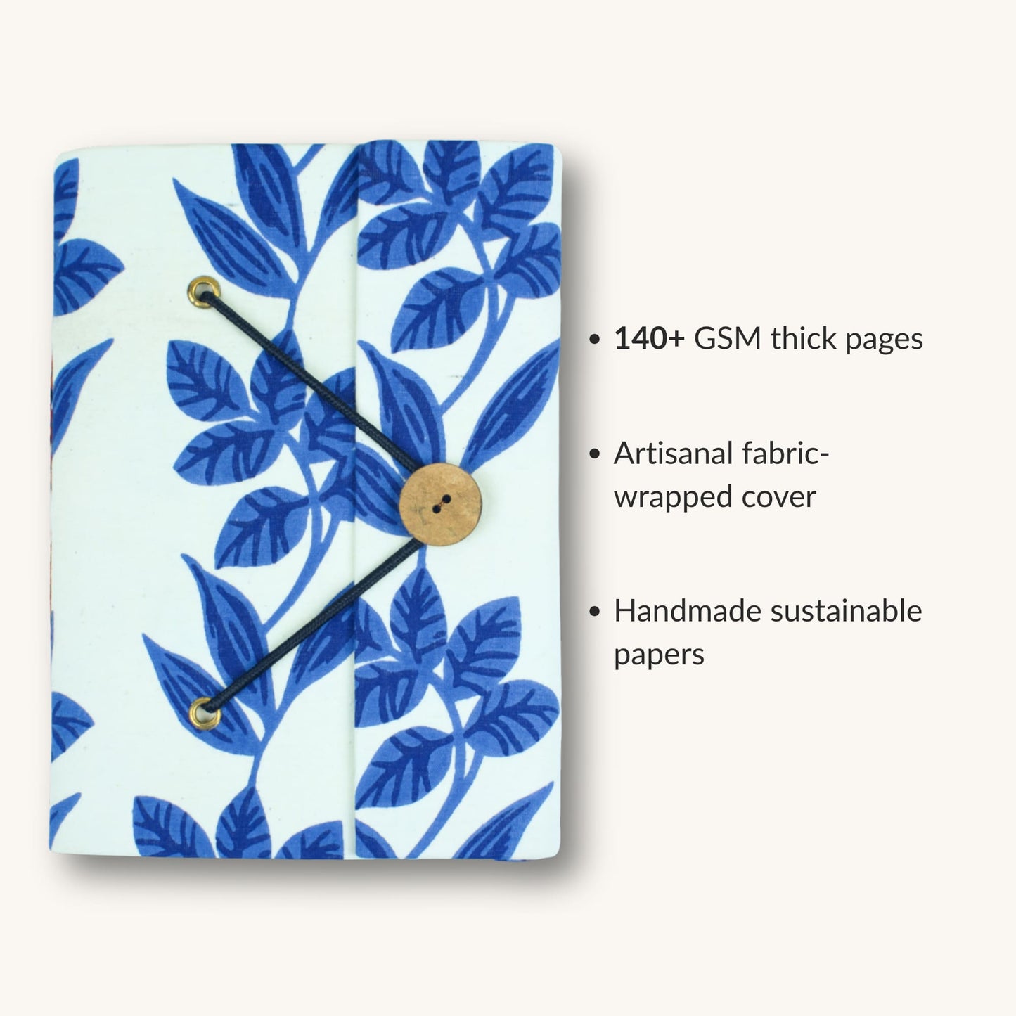 Botanical Blue Diary showing fabric cover and handmade paper details