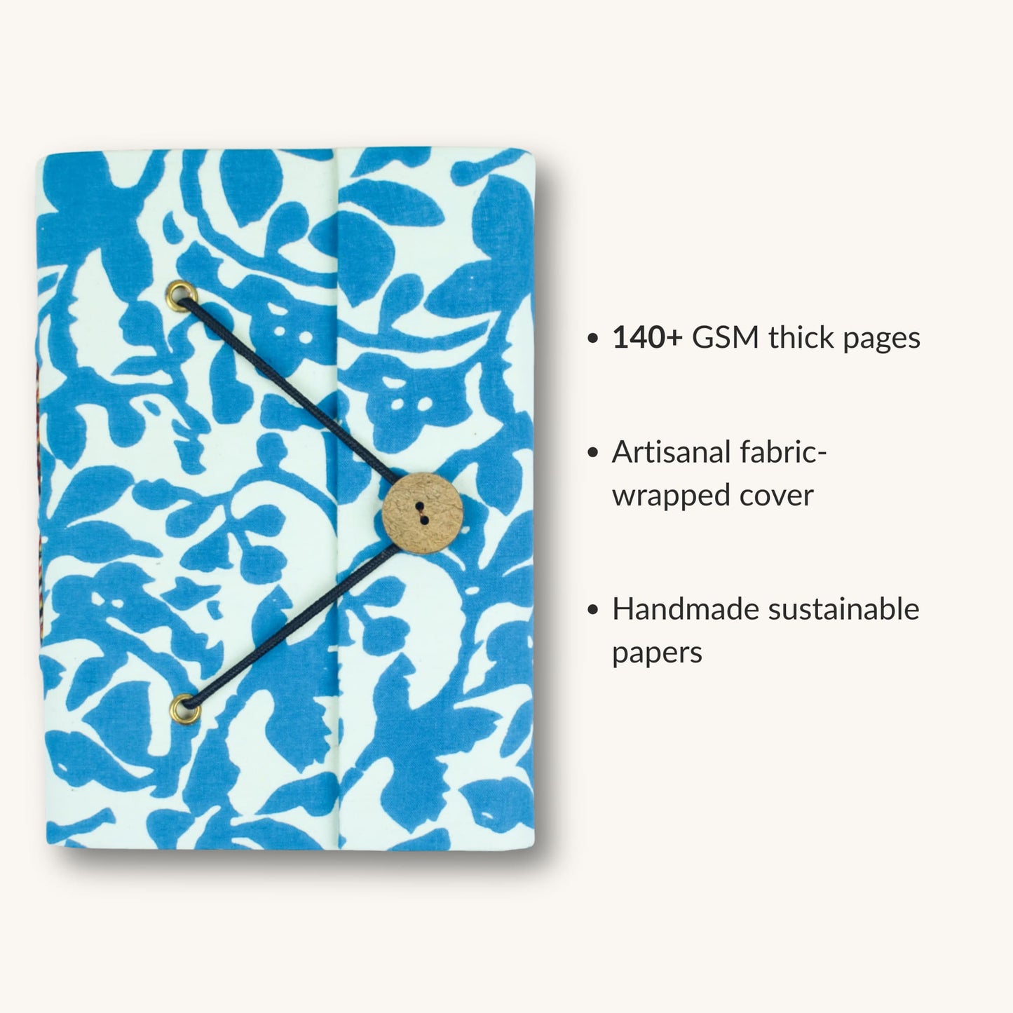 Abstract Blue Diary showing fabric cover and handmade paper details