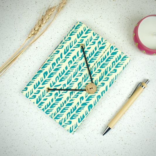 Leaf Stripe Green Diary styled flatlay with writing accessories