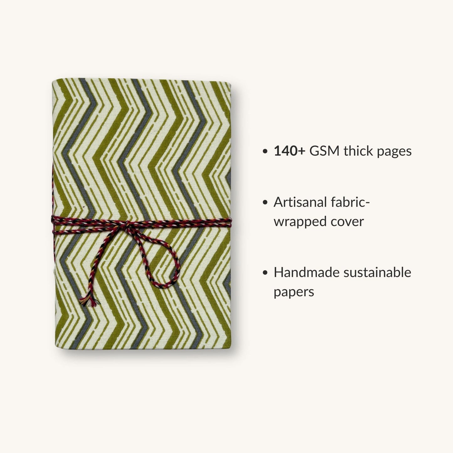 Chevron Green Diary showing fabric cover and handmade paper details