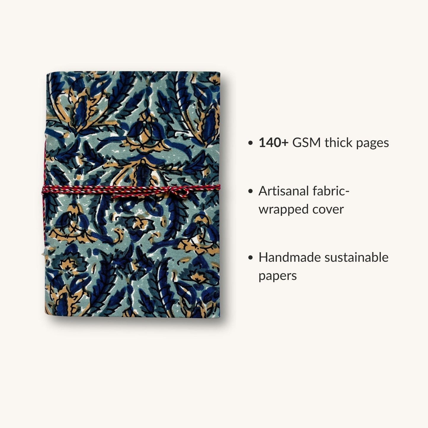 Indigo Floral Blue Diary showing fabric cover and handmade paper details