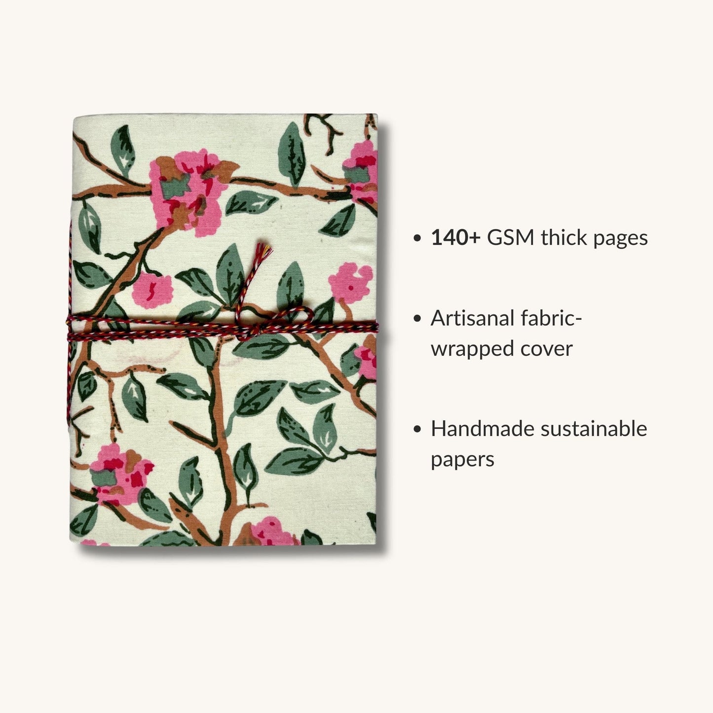 Blossom Branch Off White Diary showing fabric cover and handmade paper details