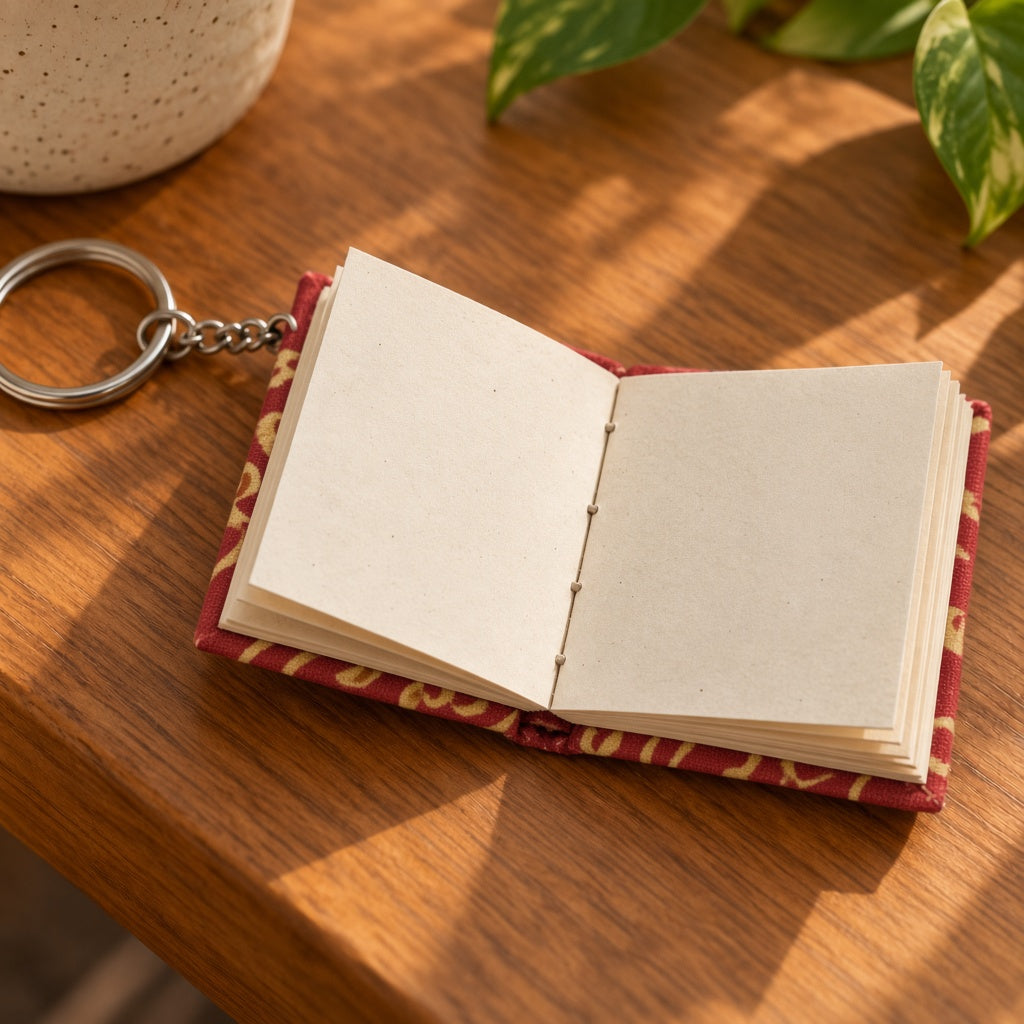 Red Floral keychain diary opened to show handmade paper pages