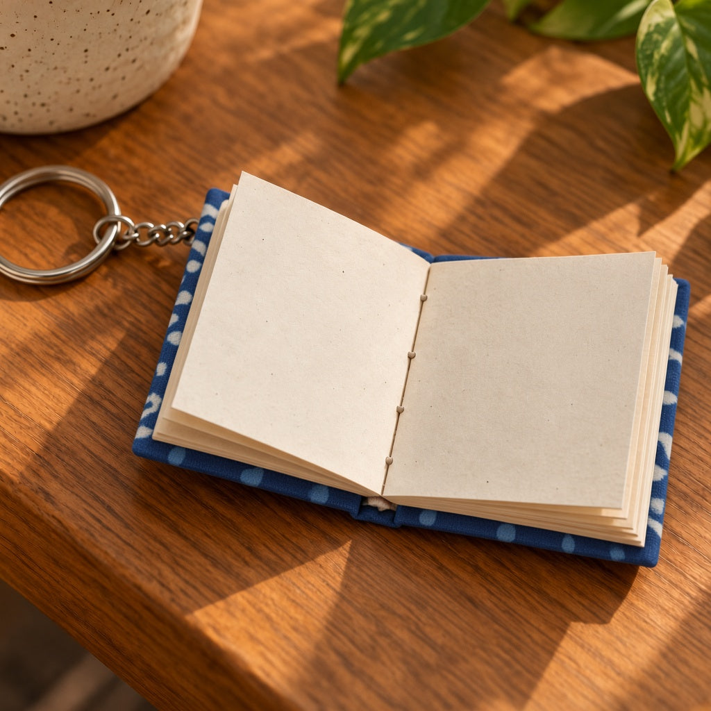 Blue Dot keychain diary opened to show handmade paper pages