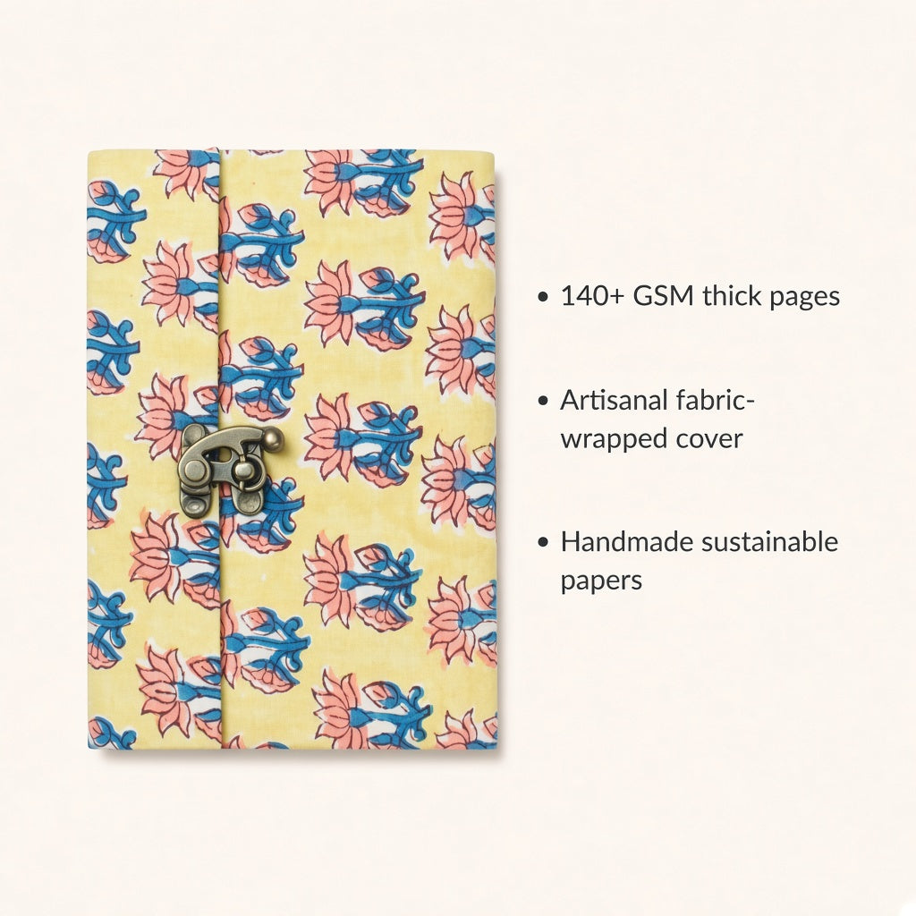Yellow Lotus lock diary with fabric cover and handmade paper details