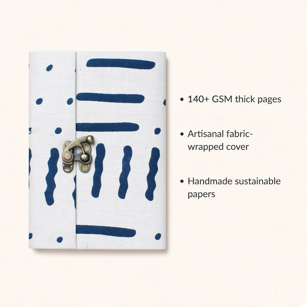 Blue Stripe lock diary with fabric cover and handmade paper details