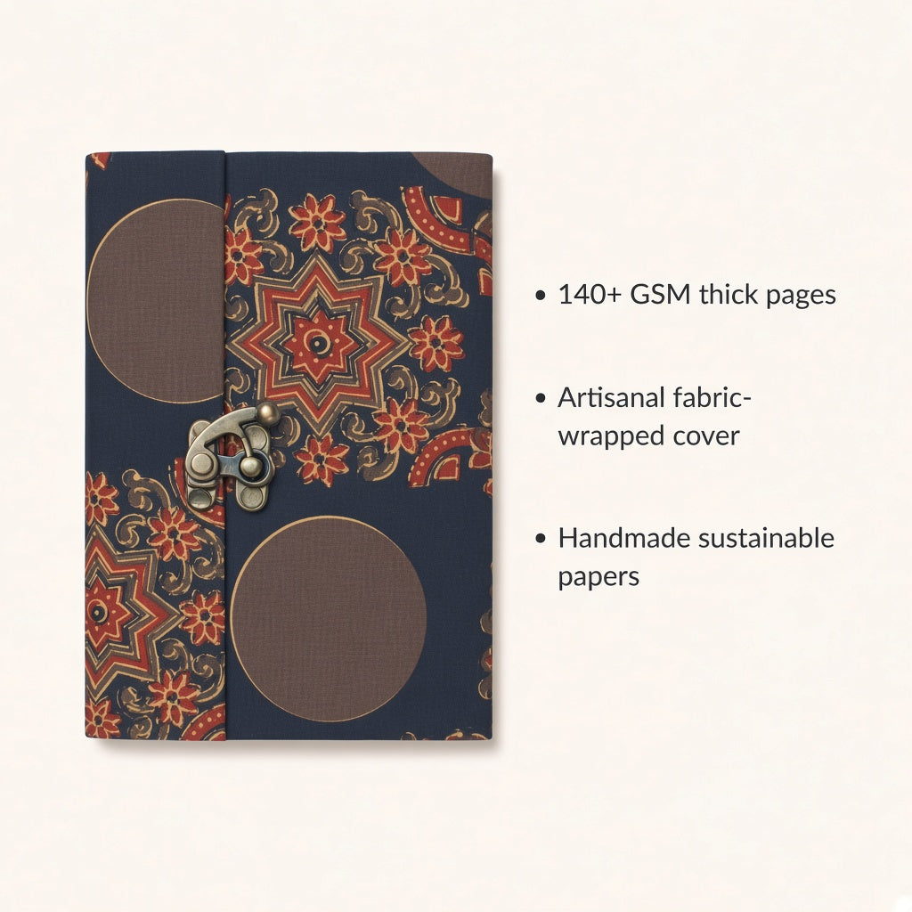 Navy Medallion lock diary with fabric cover and handmade paper details