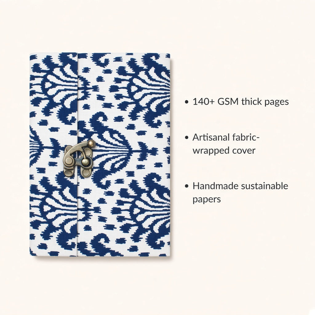 Navy Ikat lock diary with fabric cover and handmade paper details