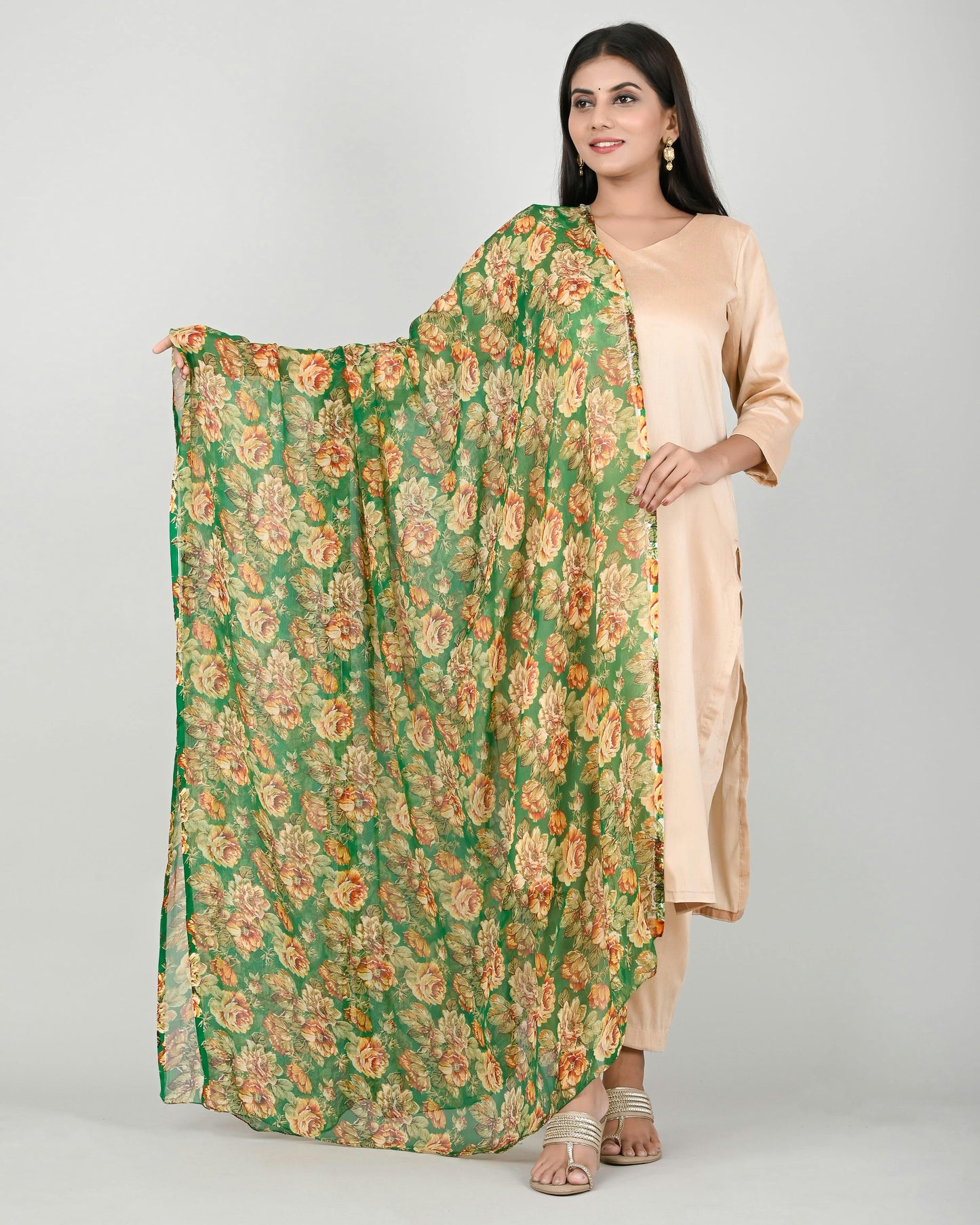 women dupatta with green floral design