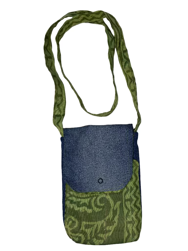 Green and blue patterned mobile bag with strap