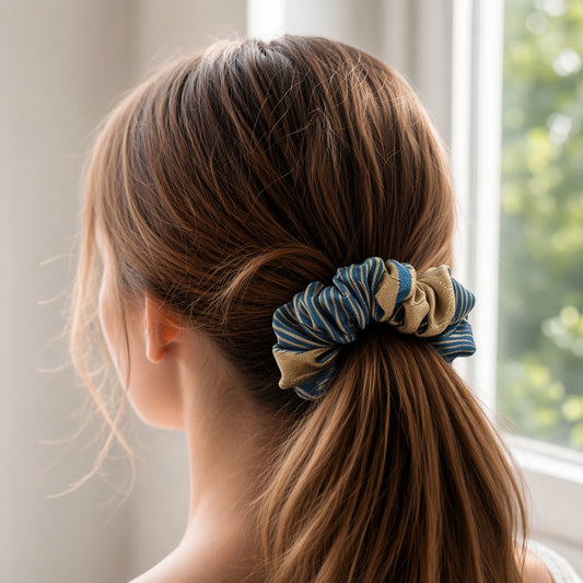 Blue Striped scrunchie worn in hair