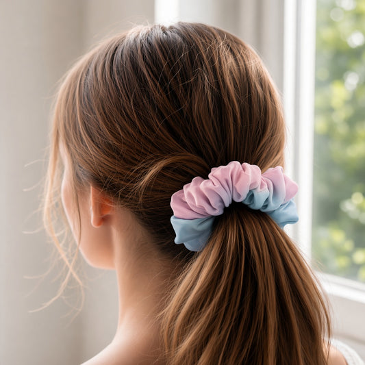 Pink Tie scrunchie worn in hair