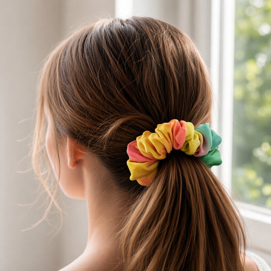Yellow Tie scrunchie worn in hair