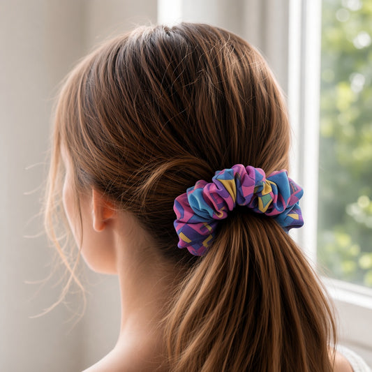 Pink Abstract scrunchie worn in hair