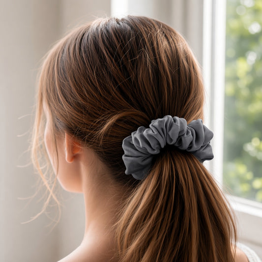 Gray Solid scrunchie worn in hair
