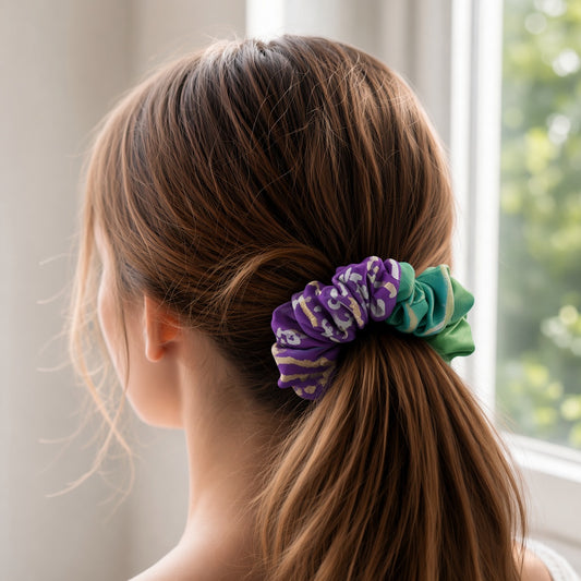 Purple Abstract scrunchie worn in hair