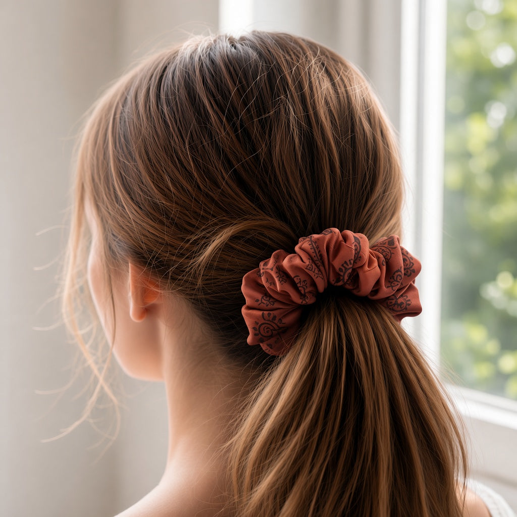 Brown Ethnic scrunchie worn in hair