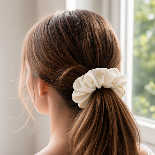 Off-white Embroidered scrunchie worn in hair