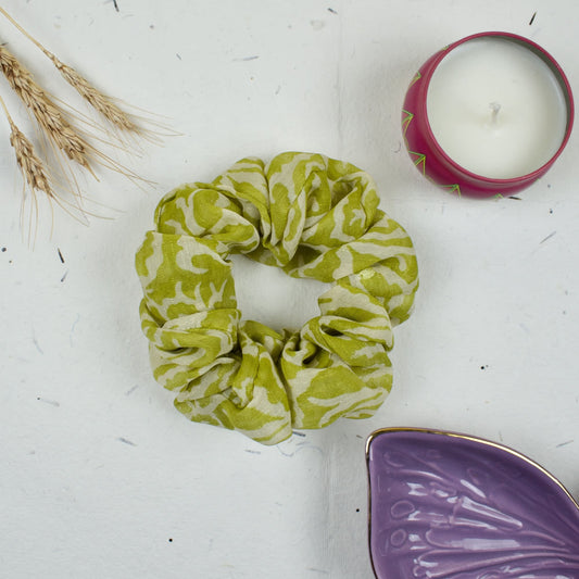 Green Abstract Print scrunchie styled flatlay