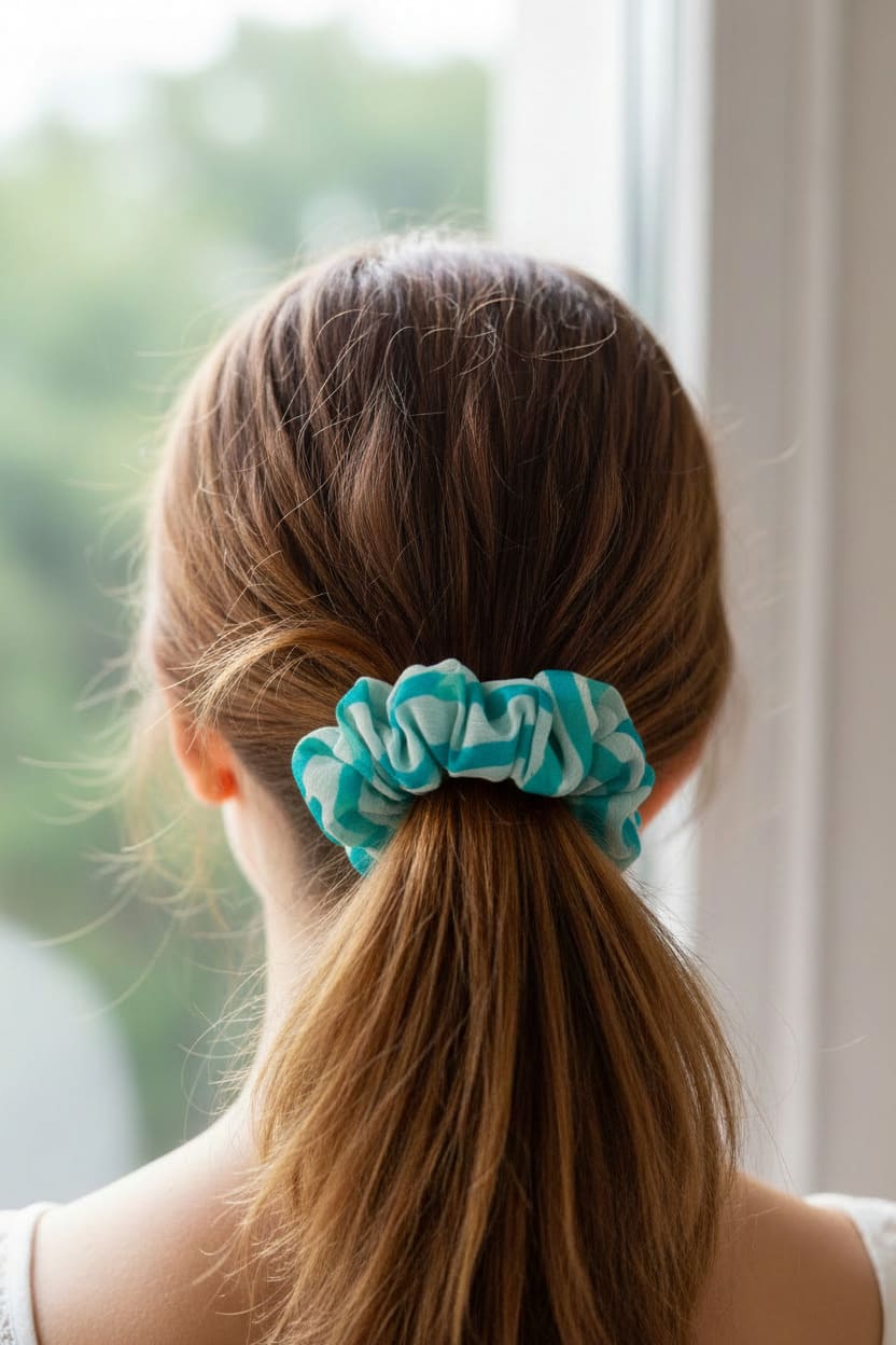 Blue Striped scrunchie worn in hair