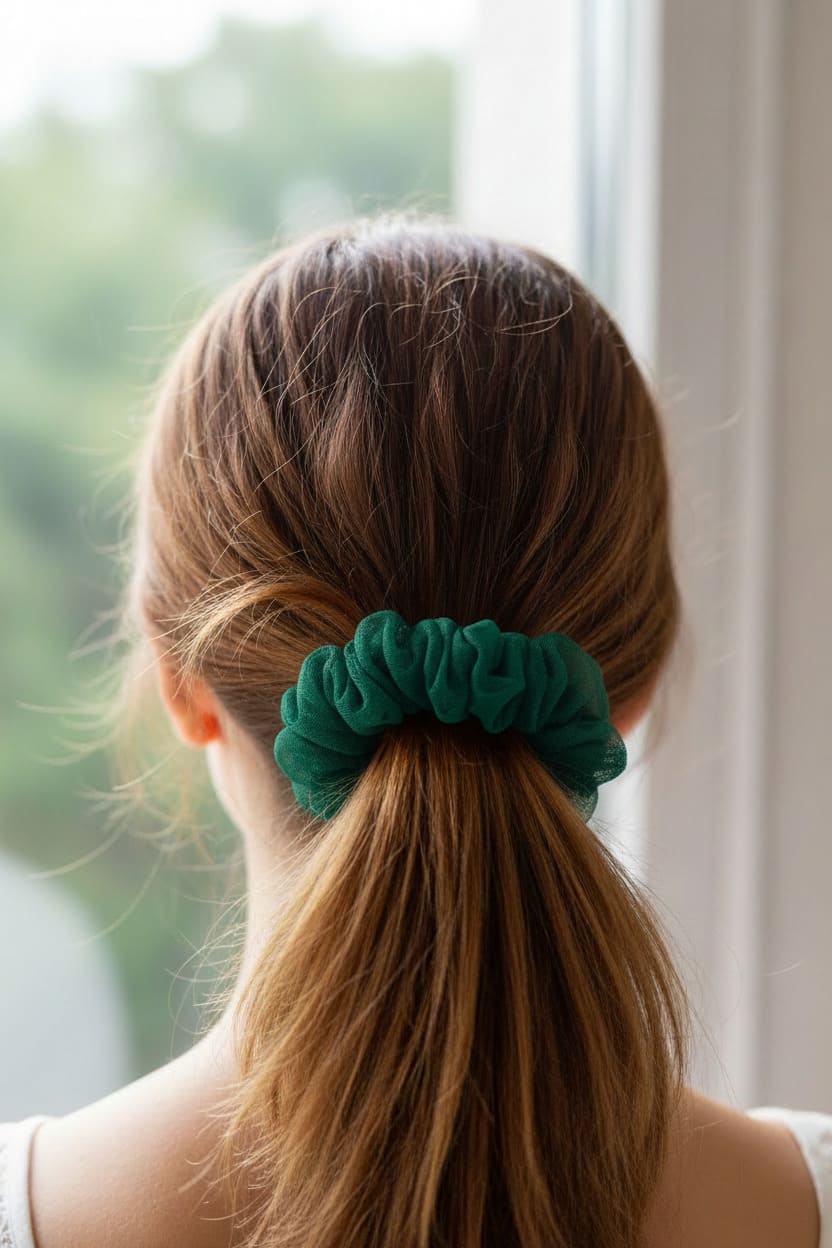 Green Solid scrunchie worn in hair