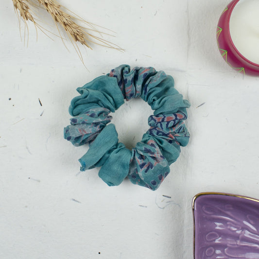 Blue Abstract Print scrunchie styled flatlay