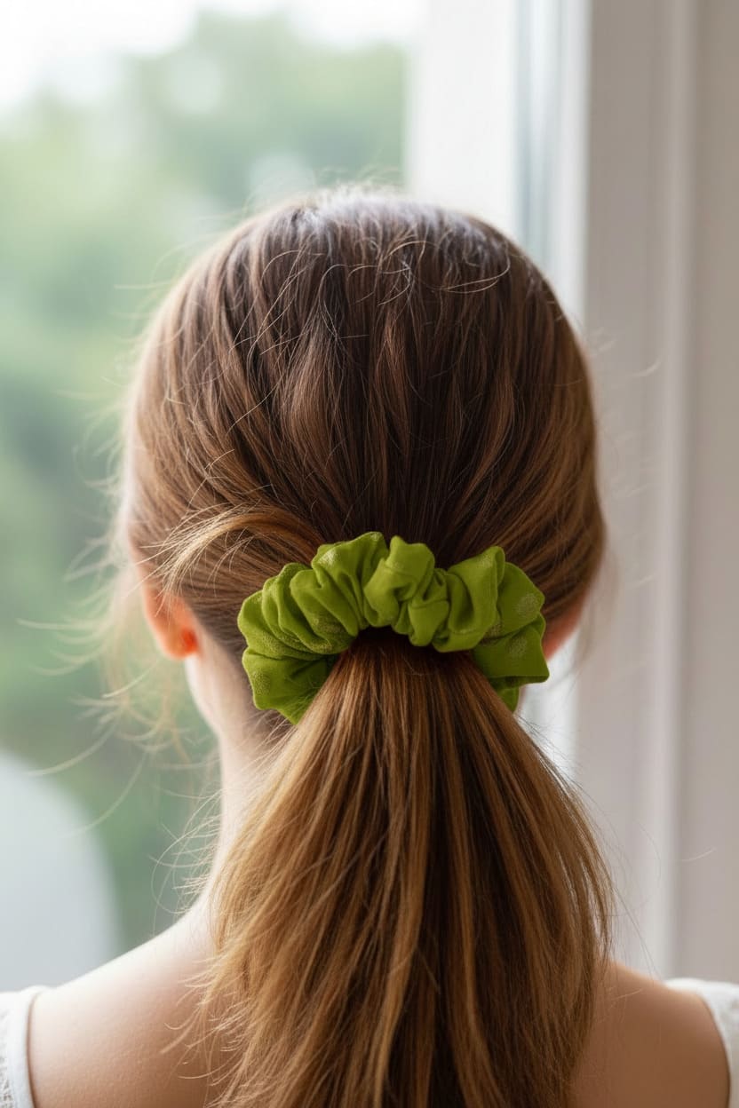 Green Solid scrunchie worn in hair