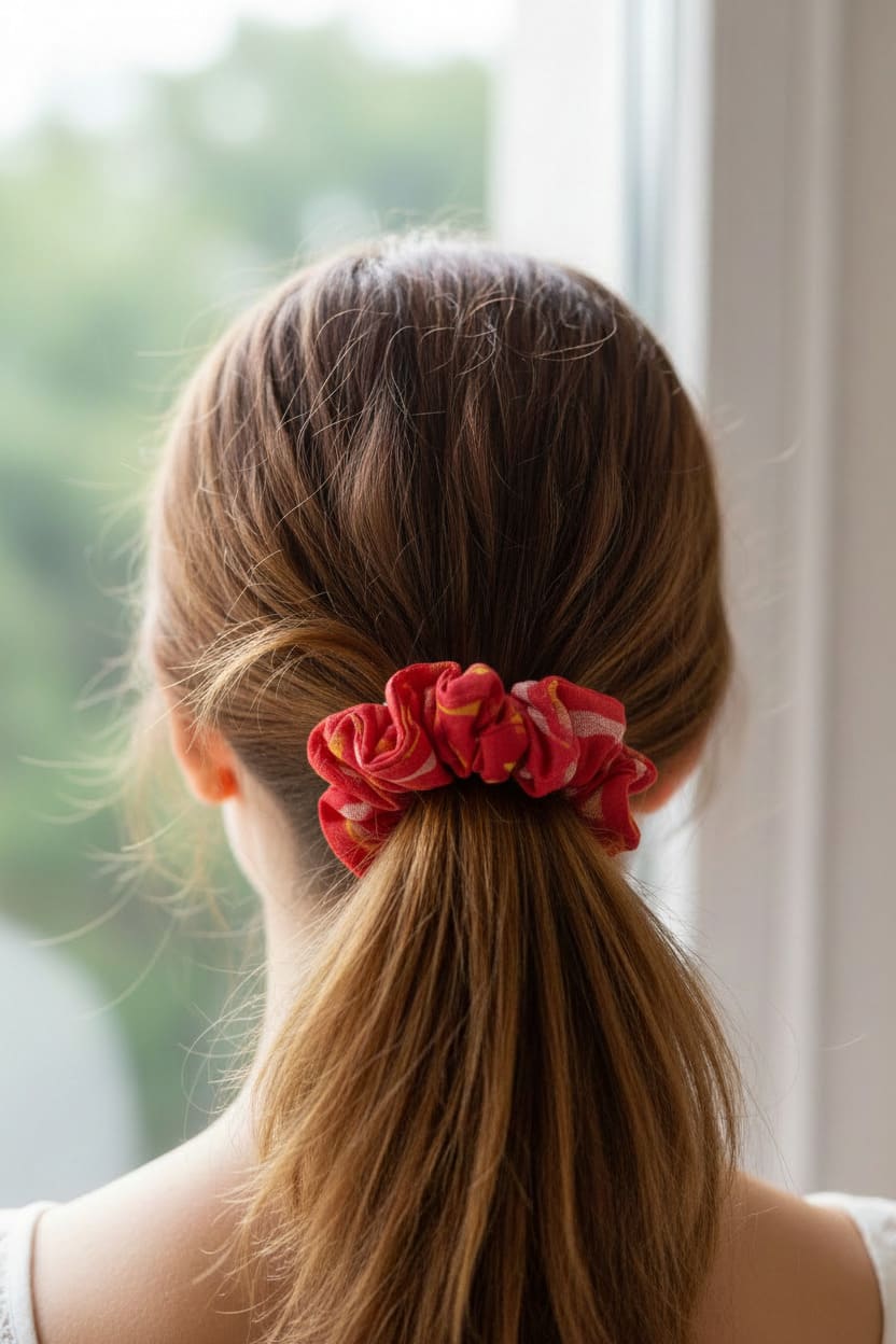Red Ethnic Print scrunchie worn in hair