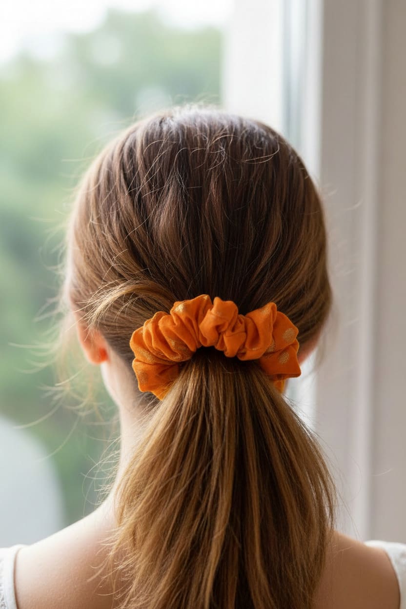 Orange Embroidered scrunchie worn in hair
