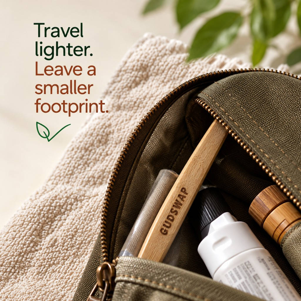 Natural bamboo toothbrush in a travel pouch