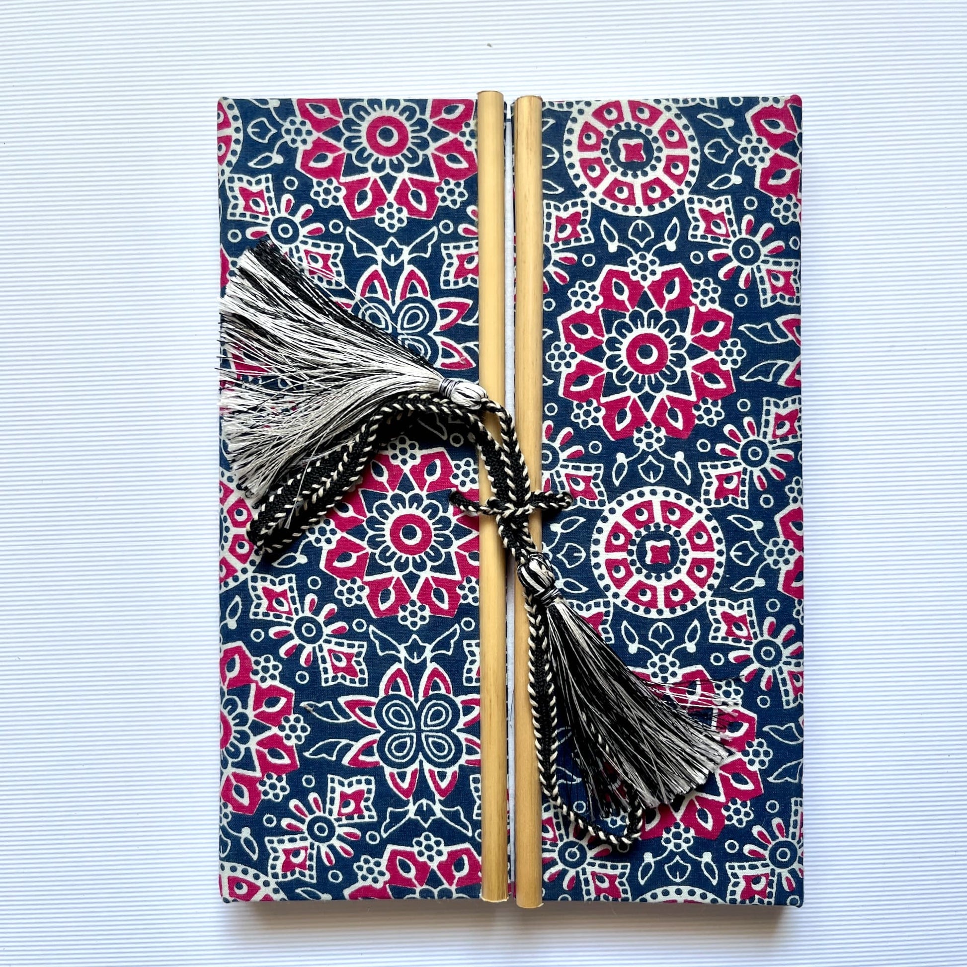 Mandala Floral Blue Pink Diary, 6 by 8 inch handmade fabric cover – front cover view