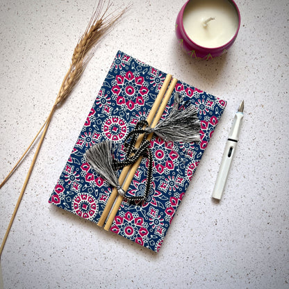 Mandala Floral Blue Pink Diary styled flatlay with writing accessories