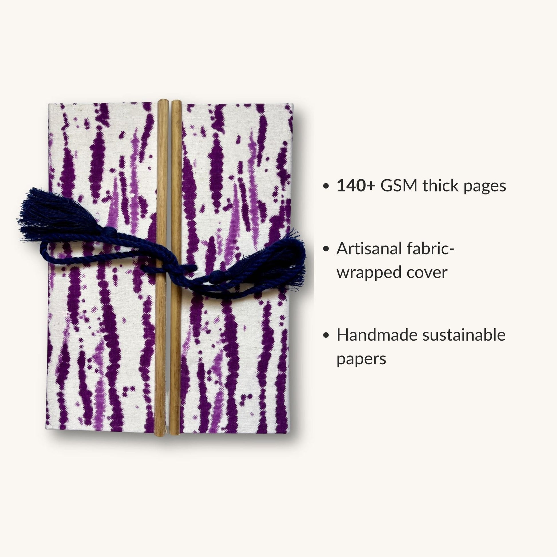 Abstract Stripe Purple Diary showing fabric cover and handmade paper details