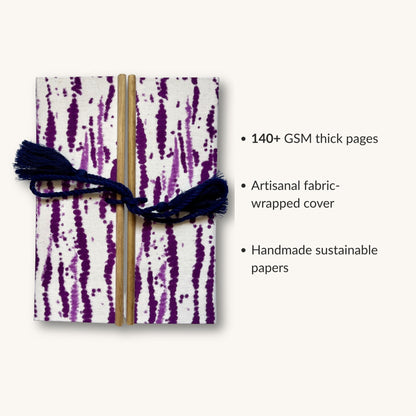 Abstract Stripe Purple Diary showing fabric cover and handmade paper details