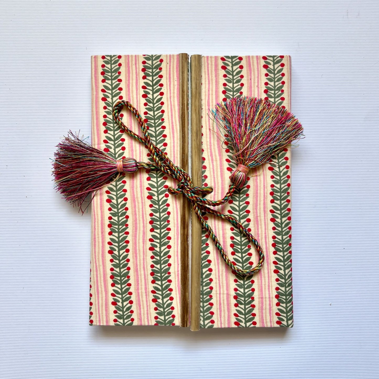 Berry Stripe Pink Diary, 6 by 8 inch handmade fabric cover – front cover view