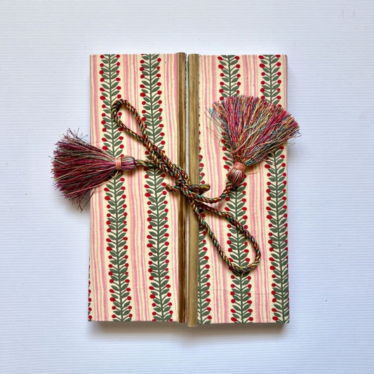 Berry Stripe Pink Diary, 6 by 8 inch handmade fabric cover – front cover view