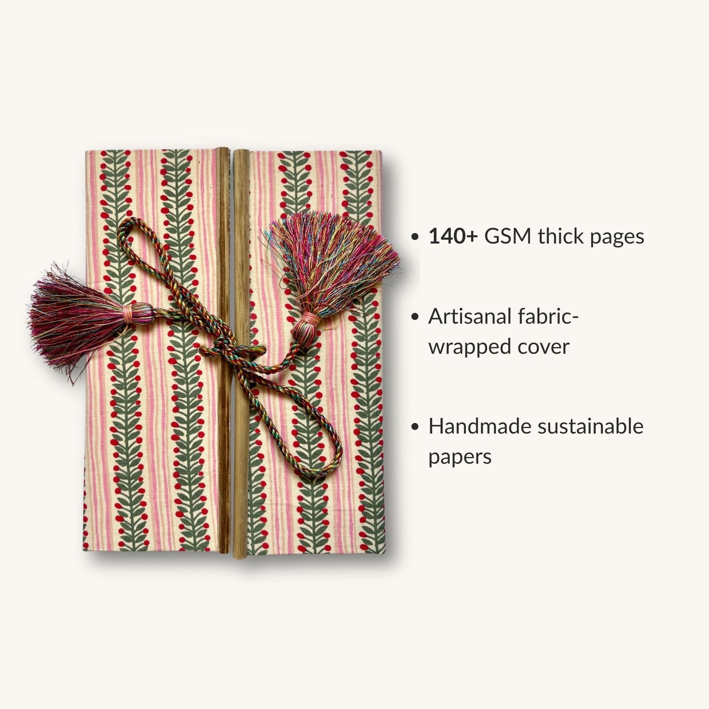 Berry Stripe Pink Diary showing fabric cover and handmade paper details