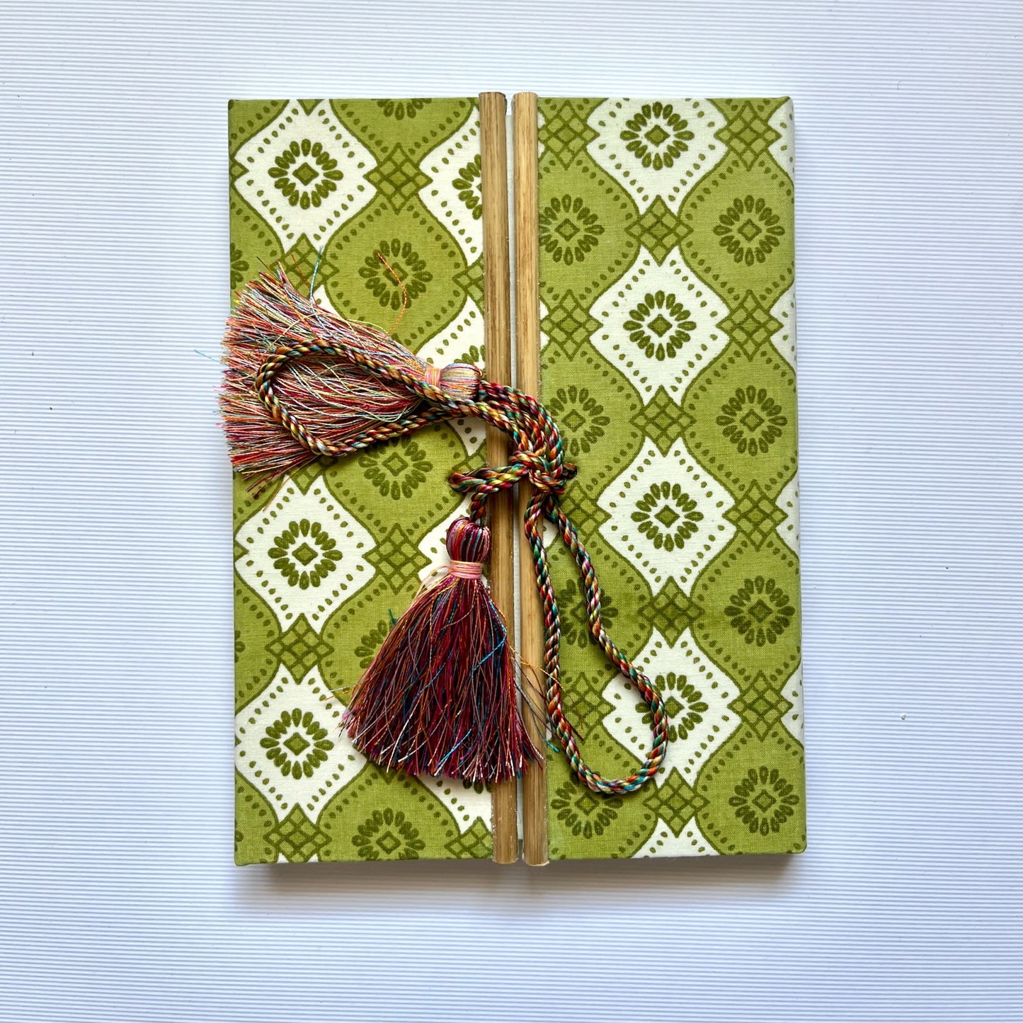 Geometric Tile Green Diary, 6 by 8 inch handmade fabric cover – front cover view