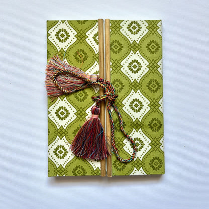 Geometric Tile Green Diary, 6 by 8 inch handmade fabric cover – front cover view