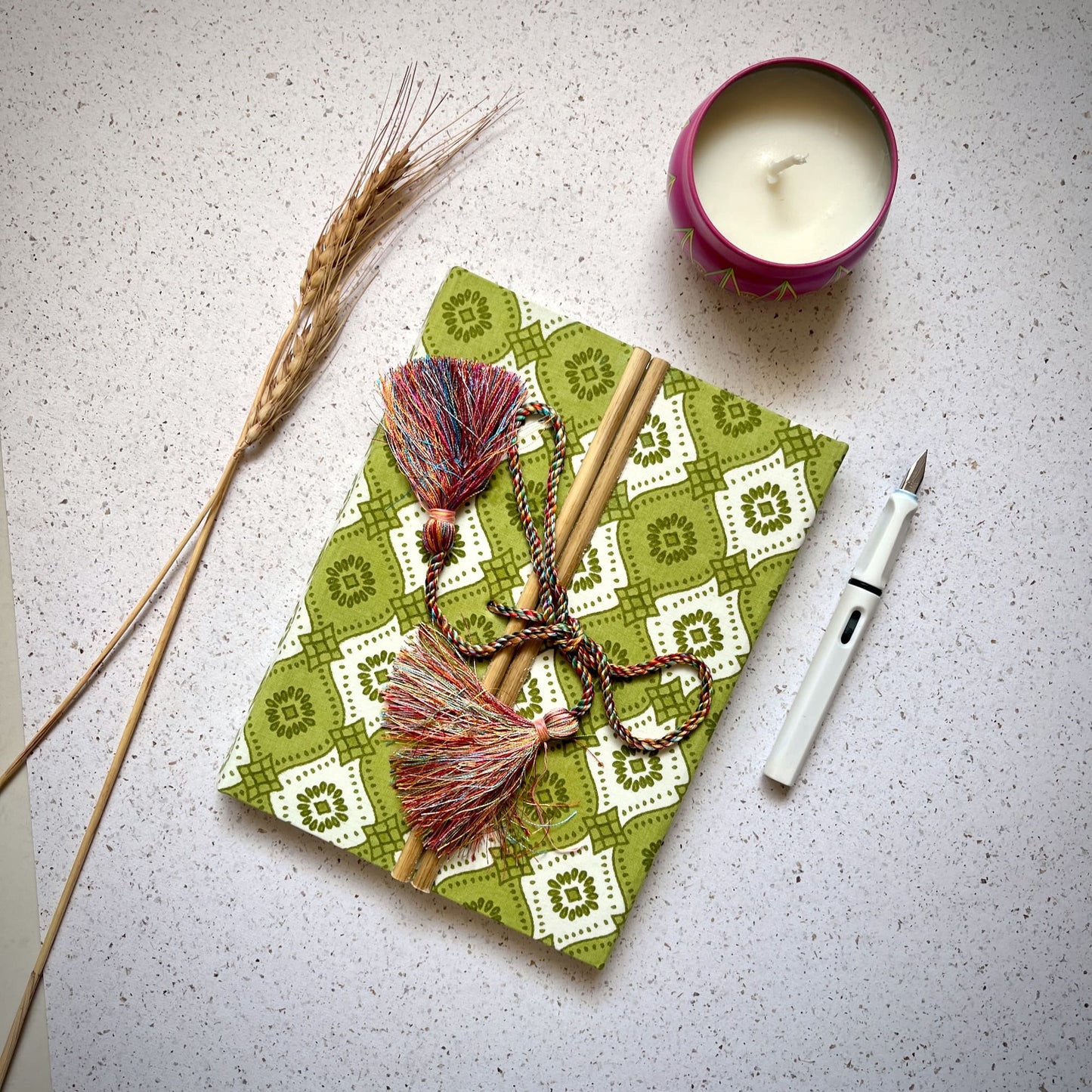 Geometric Tile Green Diary styled flatlay with writing accessories