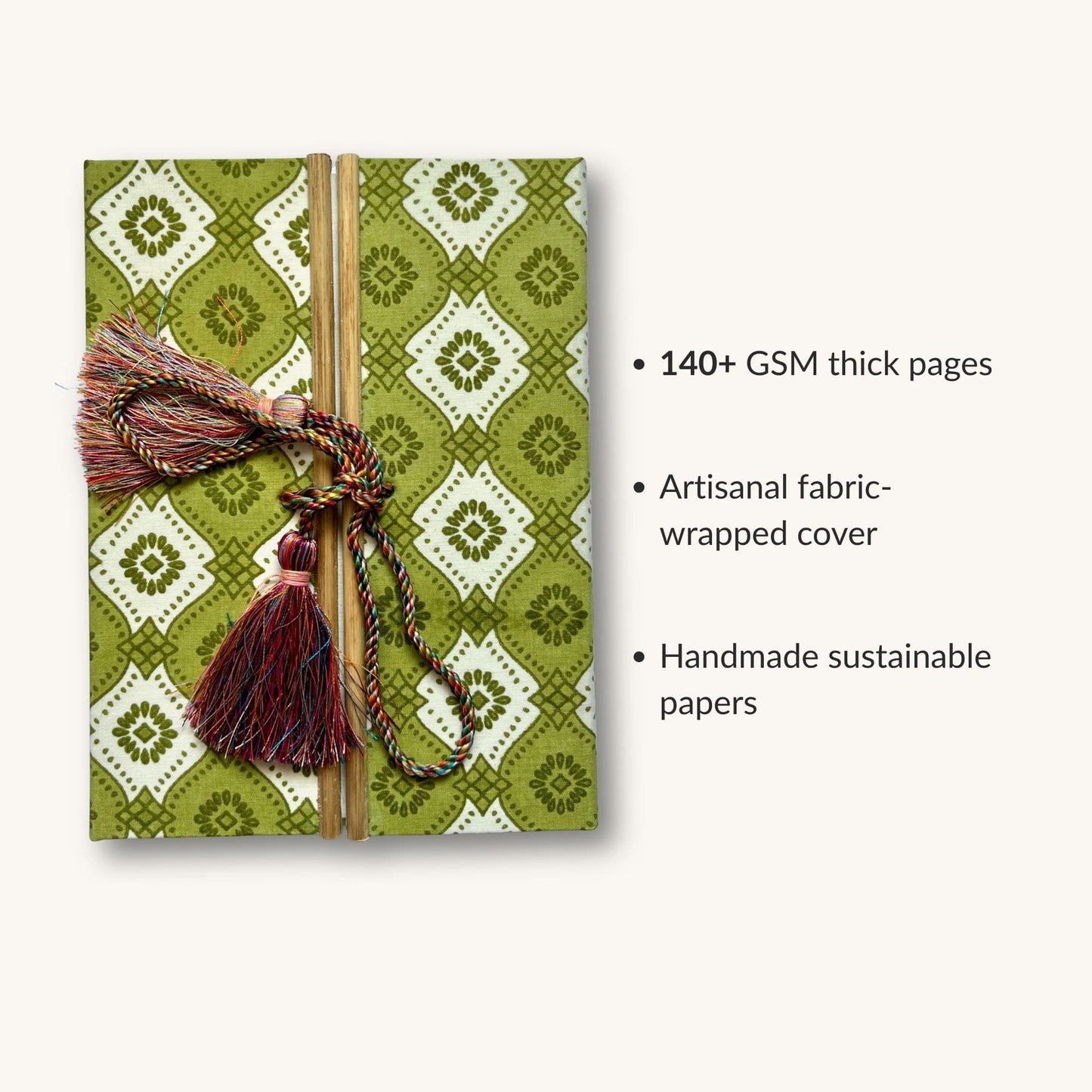 Geometric Tile Green Diary showing fabric cover and handmade paper details