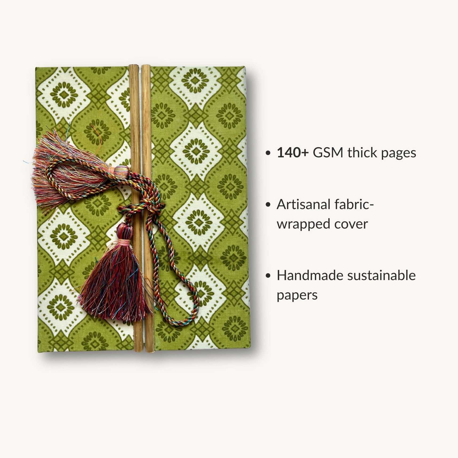 Geometric Tile Green Diary showing fabric cover and handmade paper details